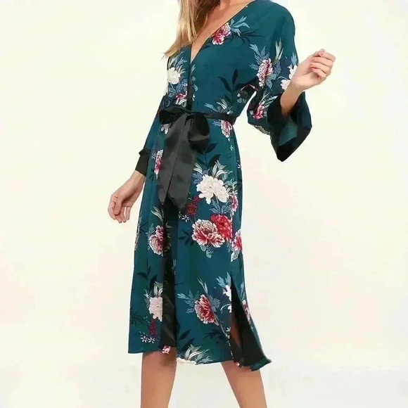 Lulus Dresses & Skirts - Lulus Lotus Party Teal Blue Floral Print Midi Robe Dress - Size S